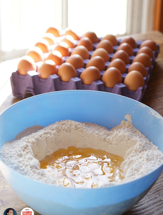 Harina y huevos para preparar la masa de las pastas caseras de La Santa Marta